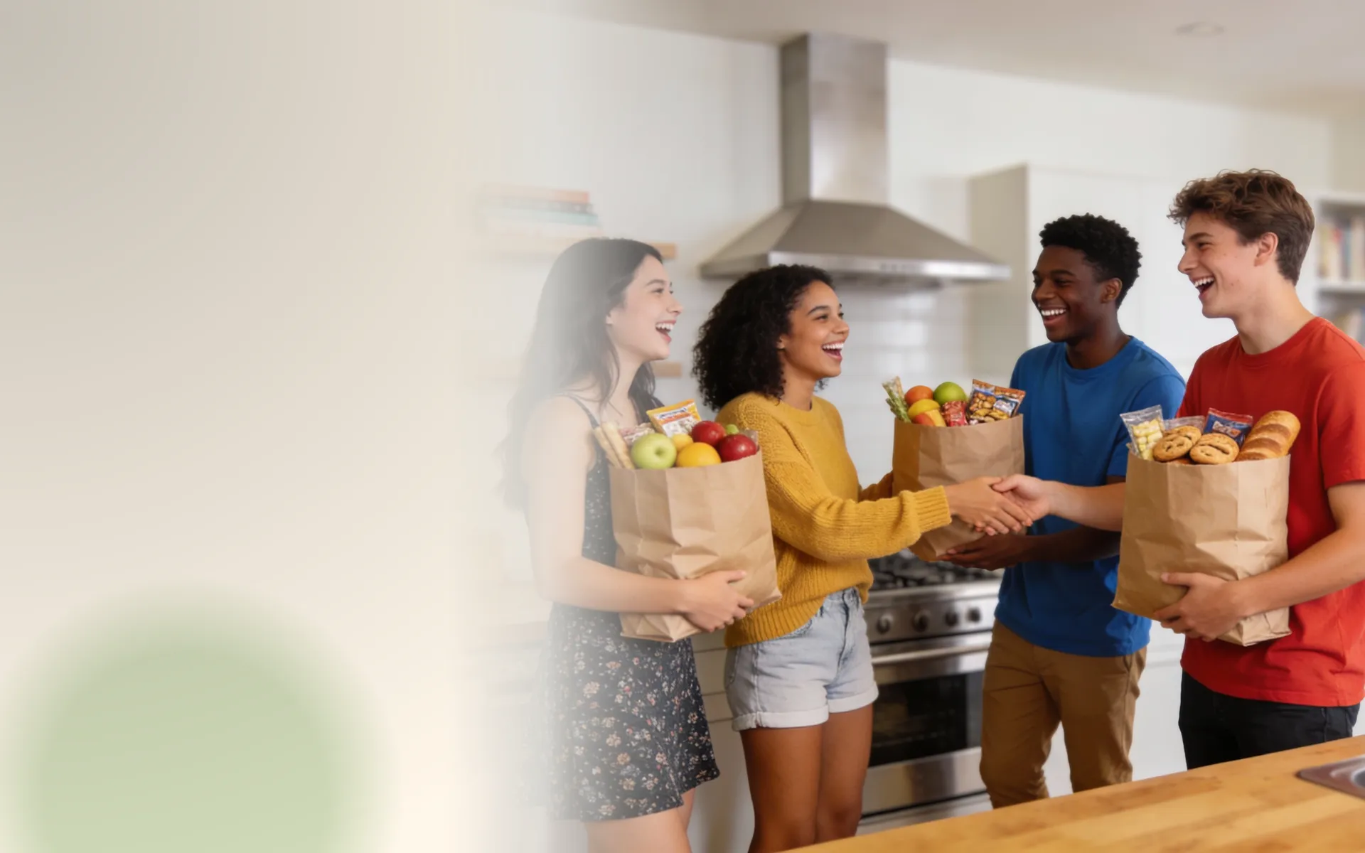 A group of people happily dividing their grocery order.