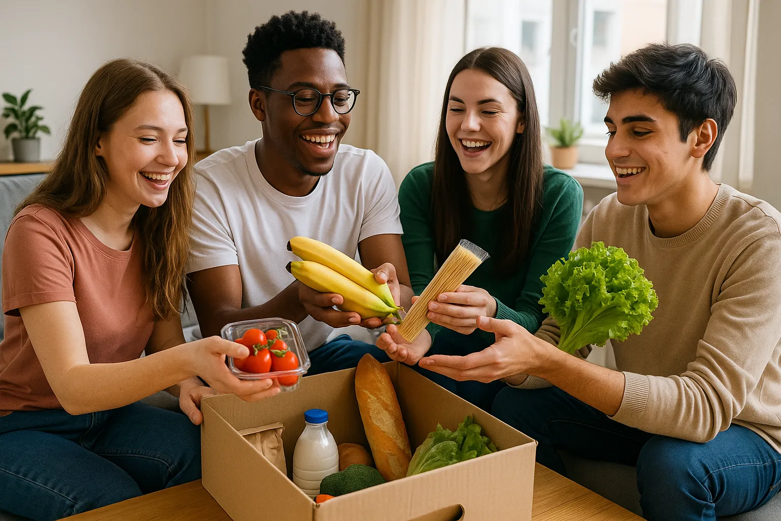 People happily unpacking their grocery order together